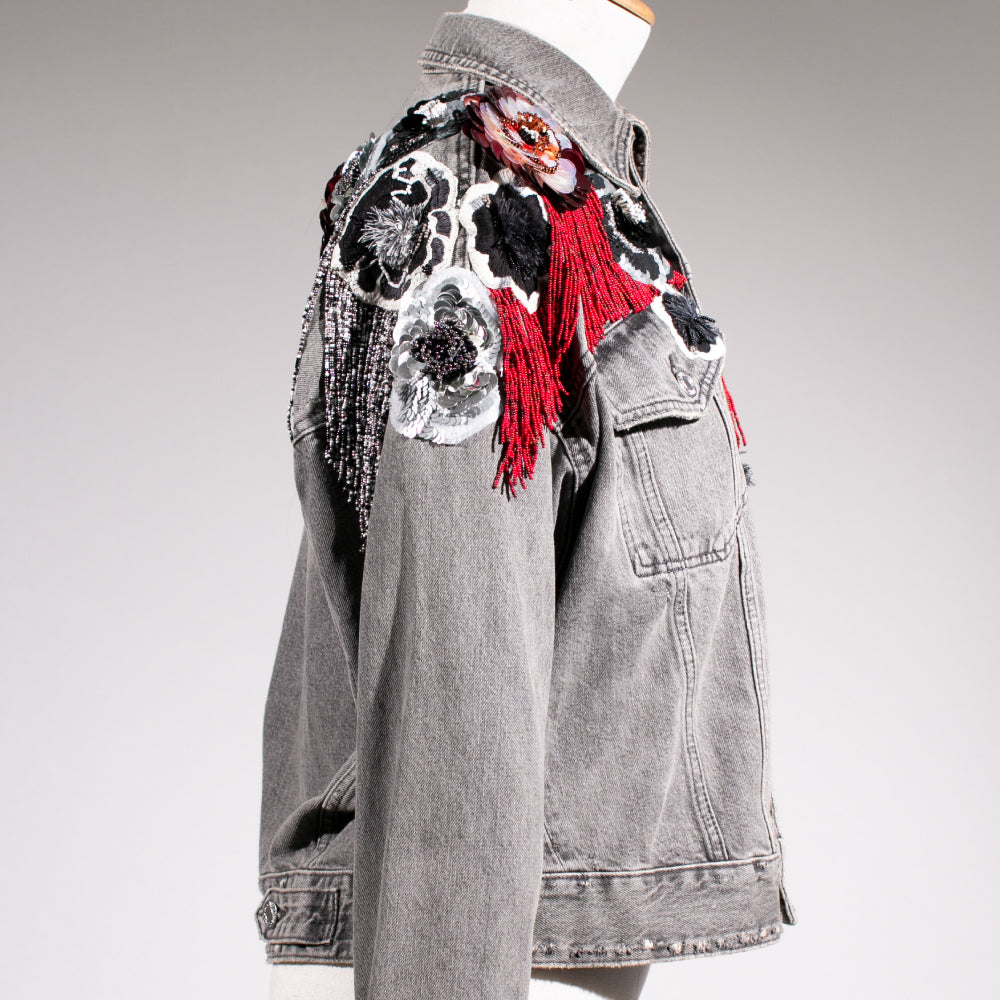 Gray Denim Jacket, 3D Flowers